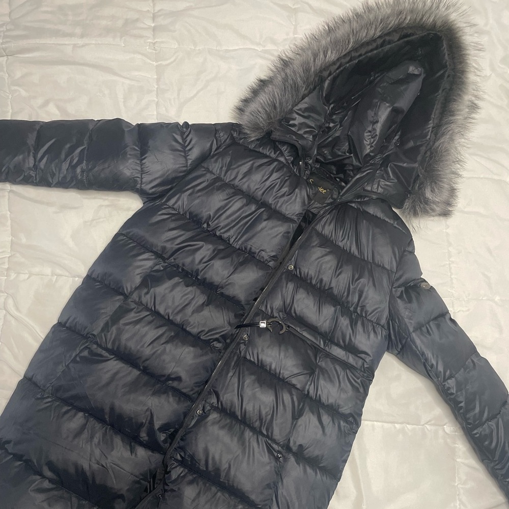Long Navy/Black Zip Puffer